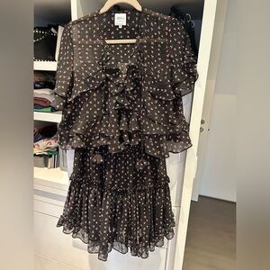 Misa Los Angeles 2 Piece, Black Blouse and ruffle skirt with Pink Floral Accents